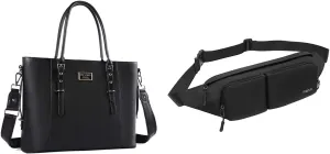 MOSISO PU Leather Laptop Tote Bag for Women (17-17.3 inch)&Fanny Pack with 2 Front Zipper Pockets, Black