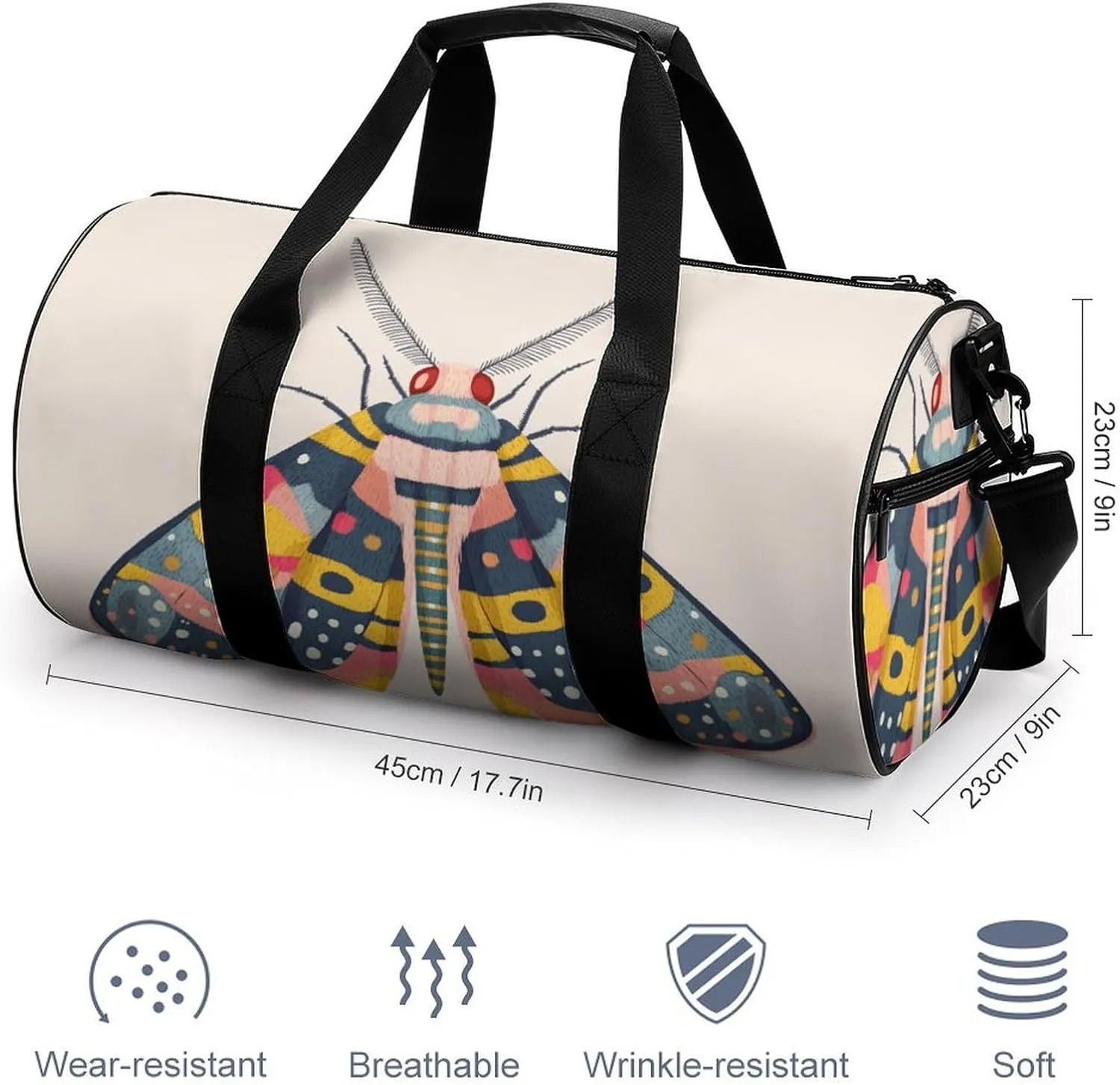 Moth Travel Gym Bag for Women Men Cylindrical Duffle Bag Sport Workout Bag with Shoulder Strap