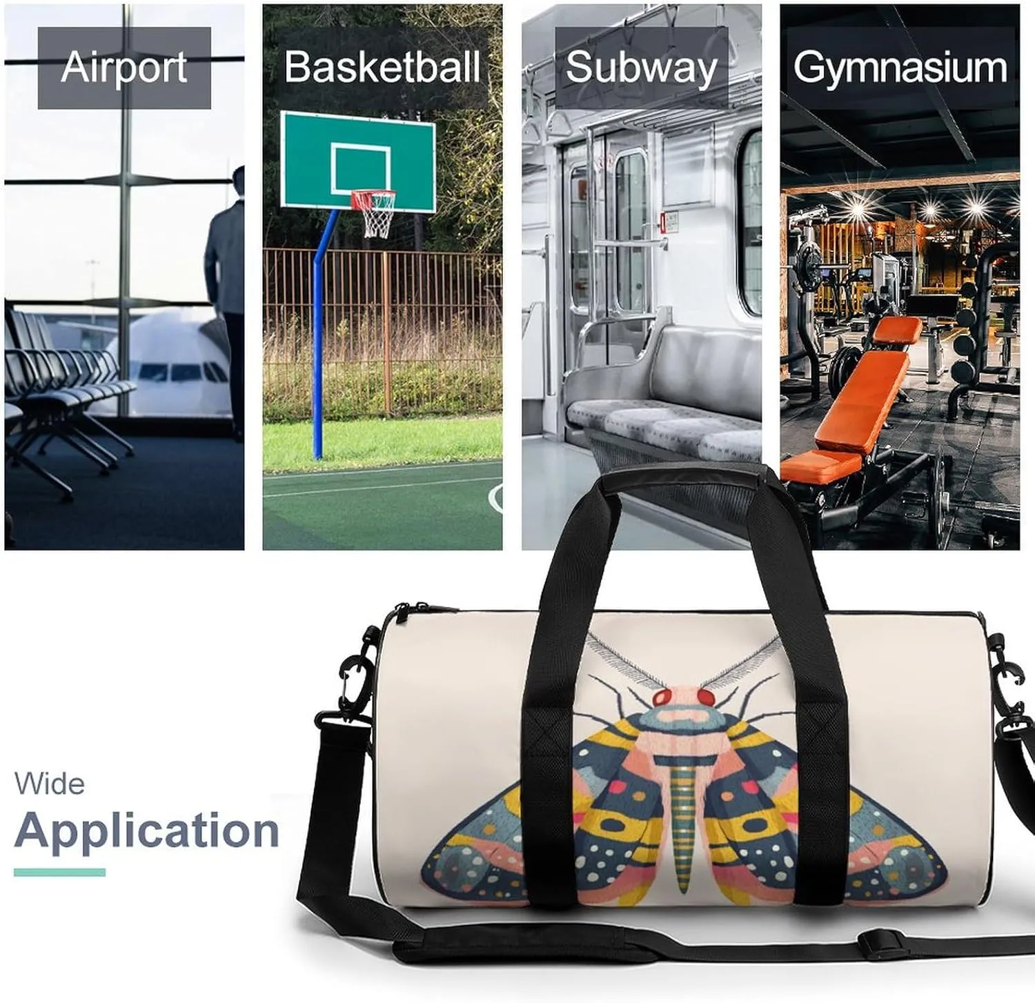 Moth Travel Gym Bag for Women Men Cylindrical Duffle Bag Sport Workout Bag with Shoulder Strap