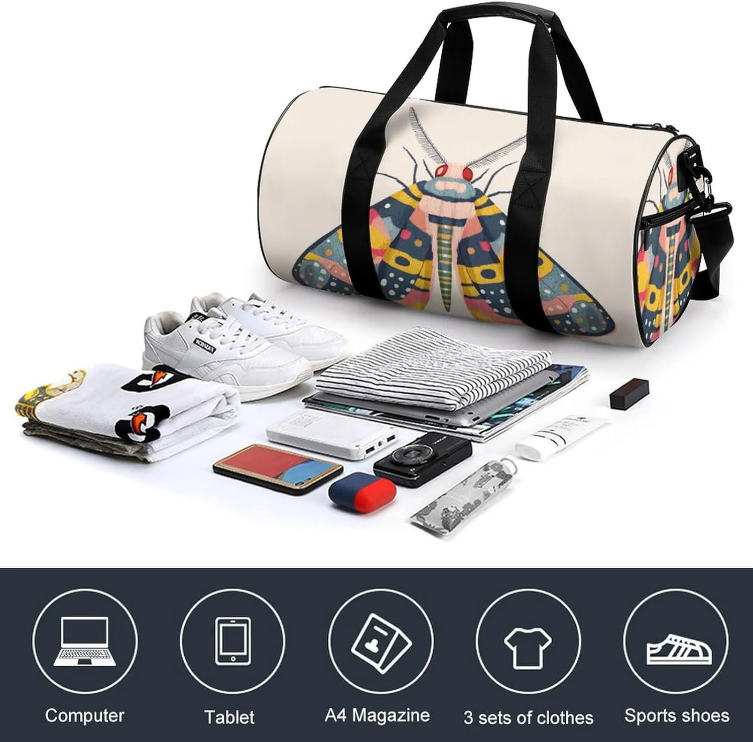 Moth Travel Gym Bag for Women Men Cylindrical Duffle Bag Sport Workout Bag with Shoulder Strap