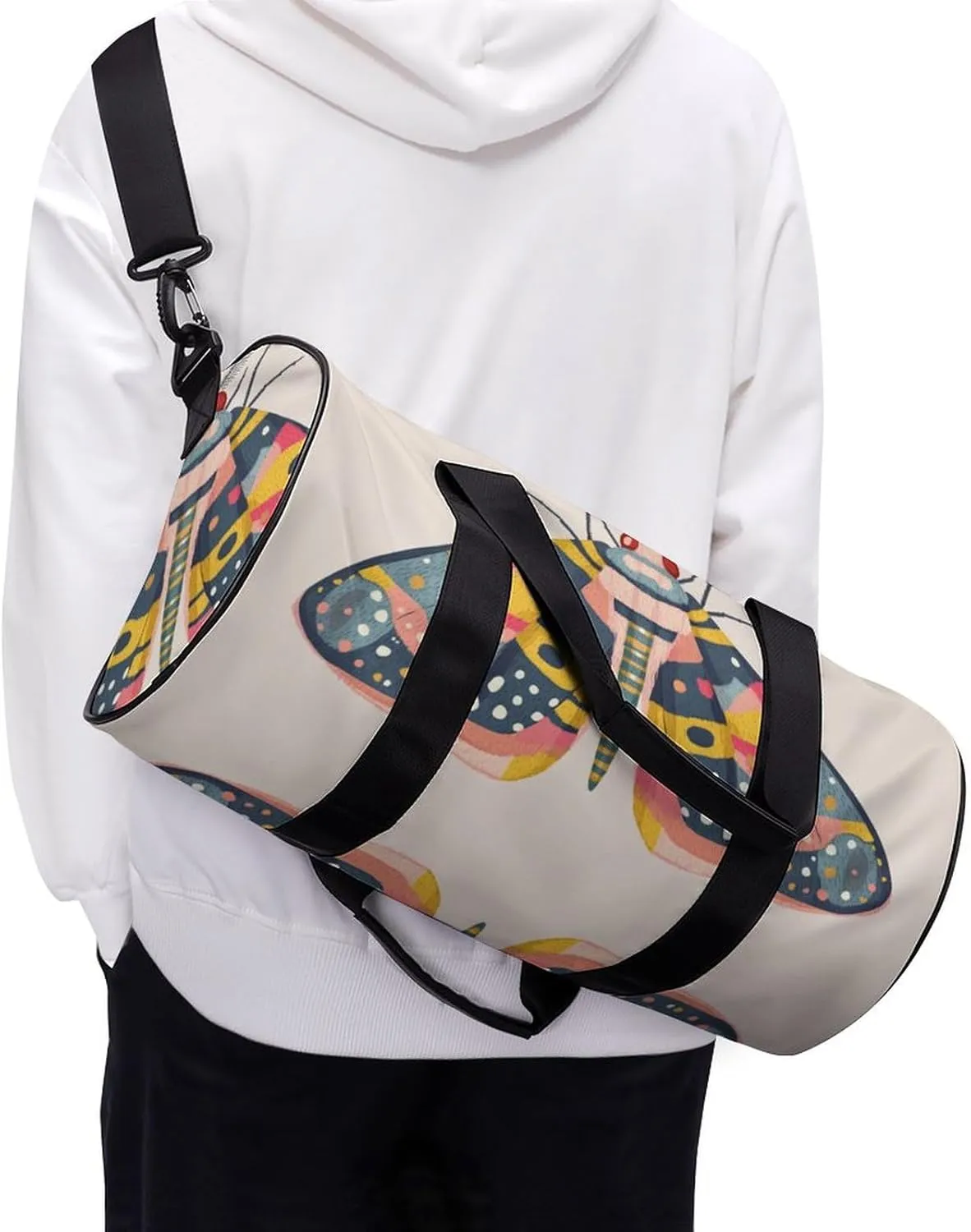 Moth Travel Gym Bag for Women Men Cylindrical Duffle Bag Sport Workout Bag with Shoulder Strap