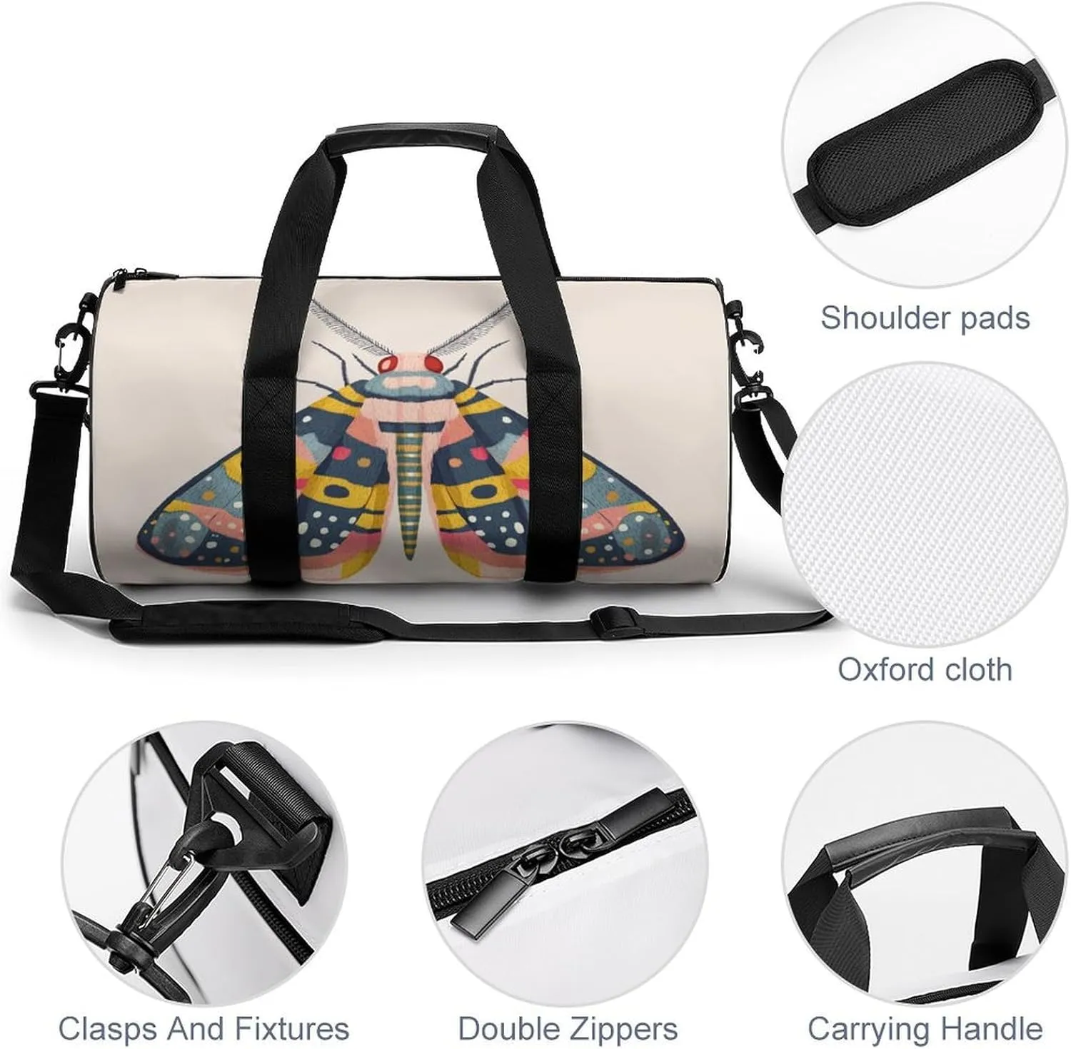 Moth Travel Gym Bag for Women Men Cylindrical Duffle Bag Sport Workout Bag with Shoulder Strap