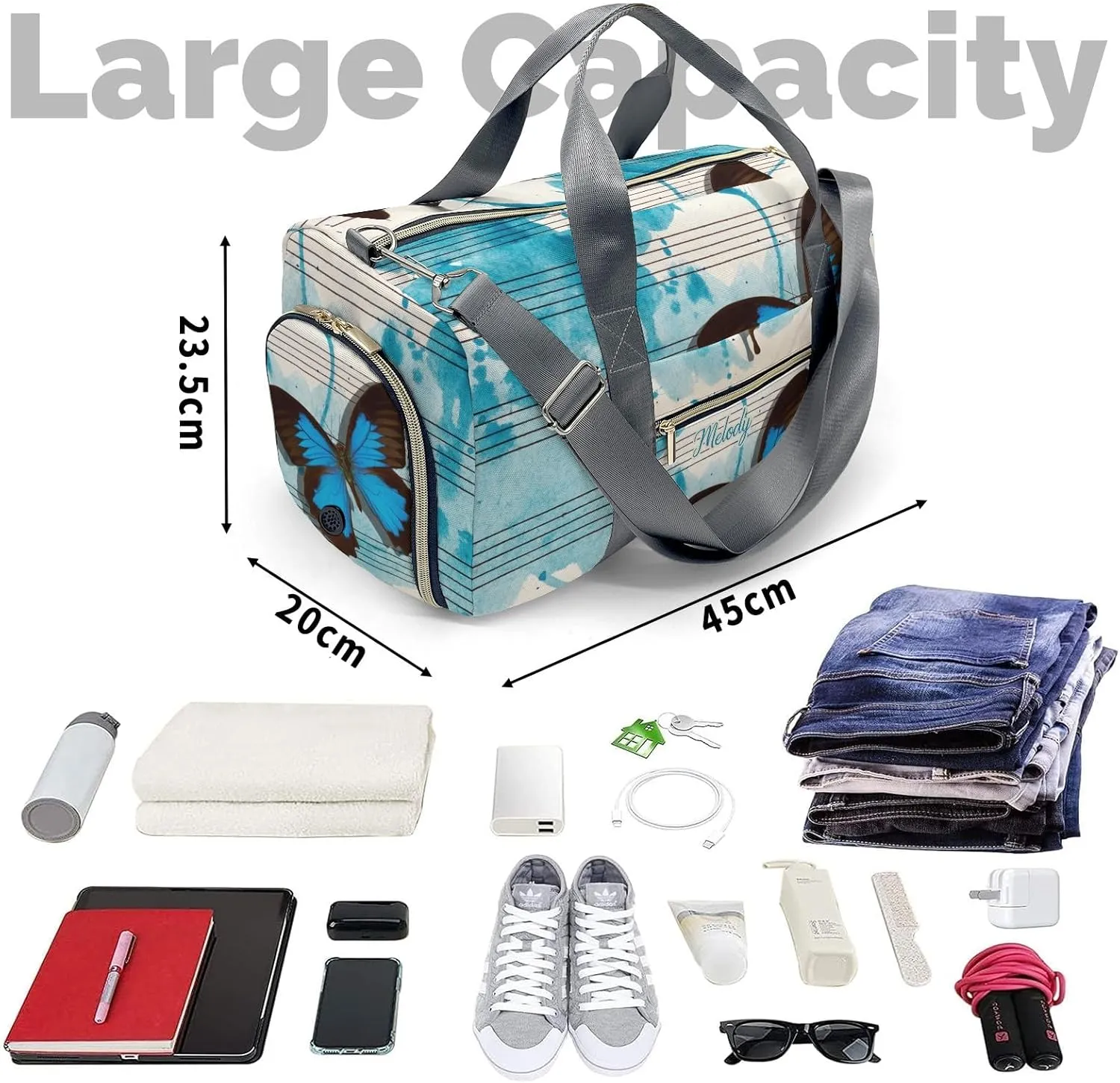 Music (2) Personalized Duffel Bag,Custom Travel Gym Bag with Name,Waterproof Sports Overnight Bag with Shoe Compartment & Shoulder Strap