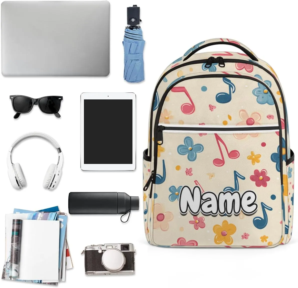 Music Notes Personalized Laptop Backpack with Name Custom Shoulder Bags for Women Men Waterproof Travel Casual Daypack Laptop Bag Gifts 16.1in