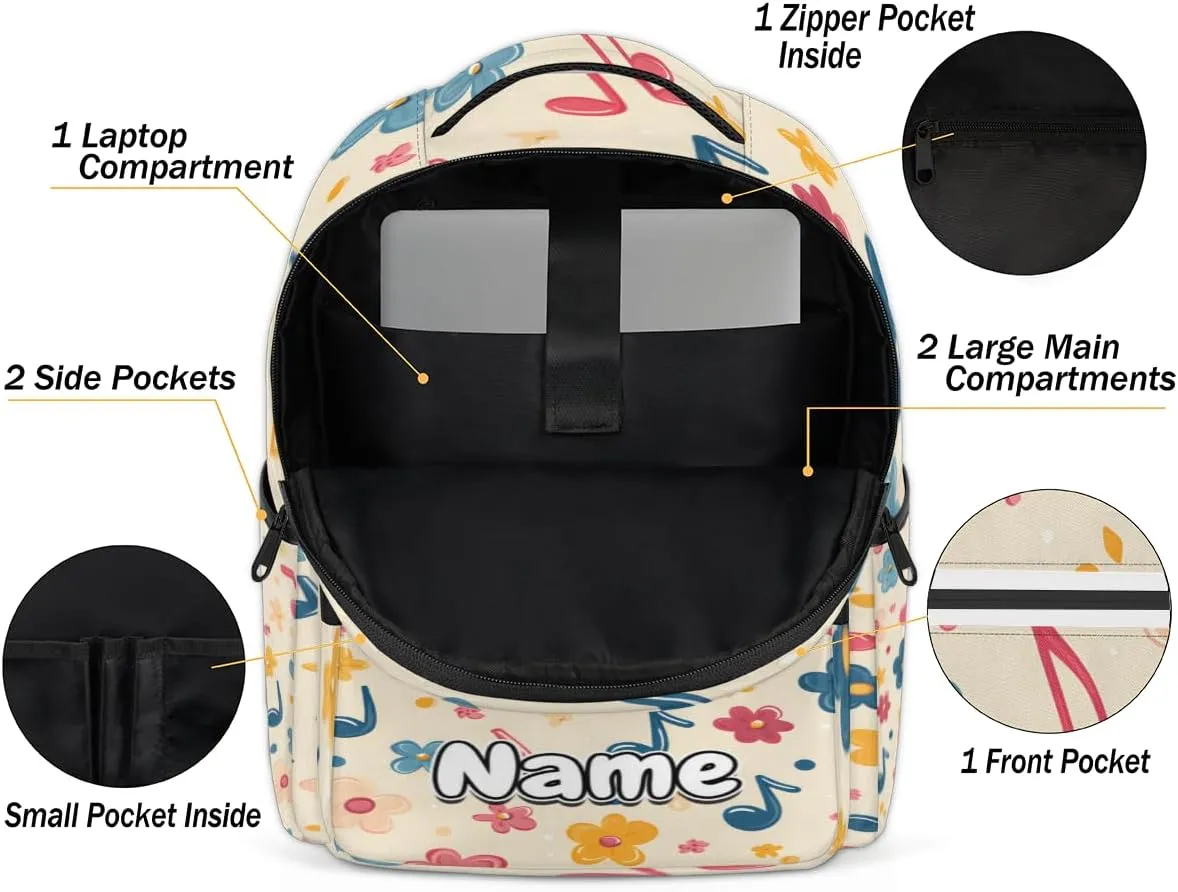 Music Notes Personalized Laptop Backpack with Name Custom Shoulder Bags for Women Men Waterproof Travel Casual Daypack Laptop Bag Gifts 16.1in