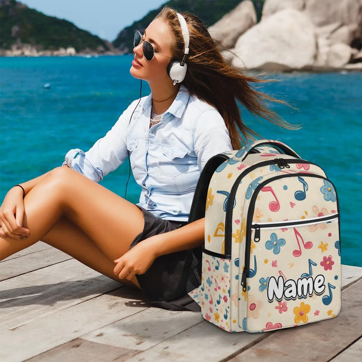 Music Notes Personalized Laptop Backpack with Name Custom Shoulder Bags for Women Men Waterproof Travel Casual Daypack Laptop Bag Gifts 16.1in
