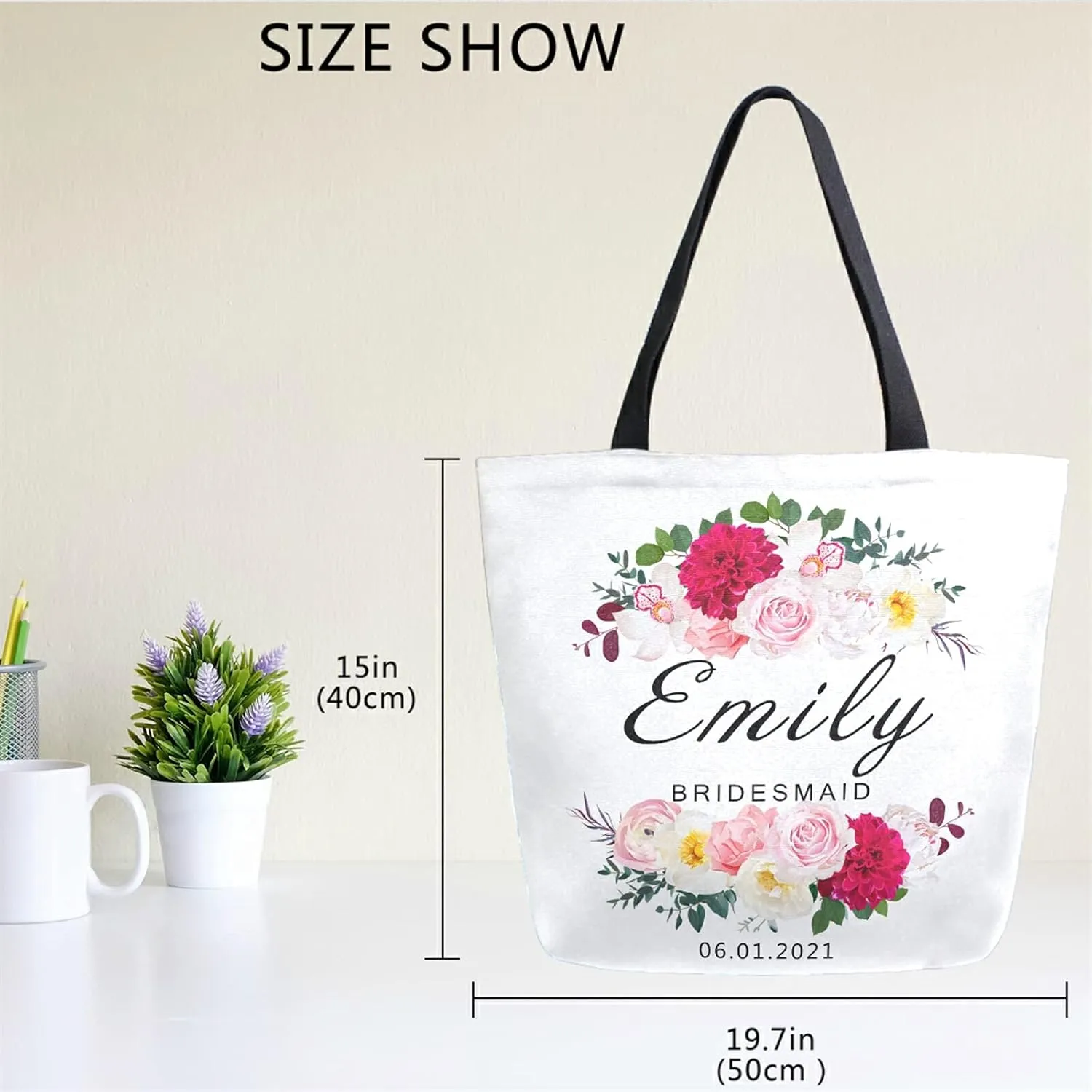 Naanle Personalized Floral Canvas Tote Bag Large Women Casual Shoulder Bag Custom Customized Handbag Watercolor Flowers Cotton Tote Bag Gift for Bridesmaid Bachelorette Party Wedding Events