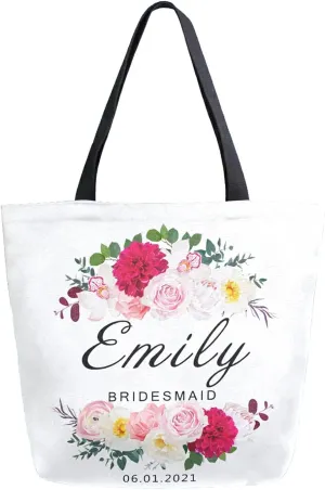 Naanle Personalized Floral Canvas Tote Bag Large Women Casual Shoulder Bag Custom Customized Handbag Watercolor Flowers Cotton Tote Bag Gift for Bridesmaid Bachelorette Party Wedding Events