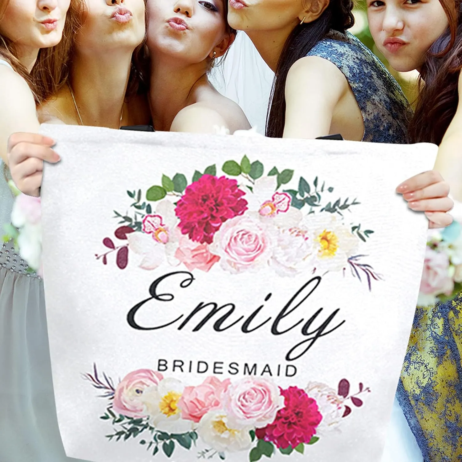 Naanle Personalized Floral Canvas Tote Bag Large Women Casual Shoulder Bag Custom Customized Handbag Watercolor Flowers Cotton Tote Bag Gift for Bridesmaid Bachelorette Party Wedding Events