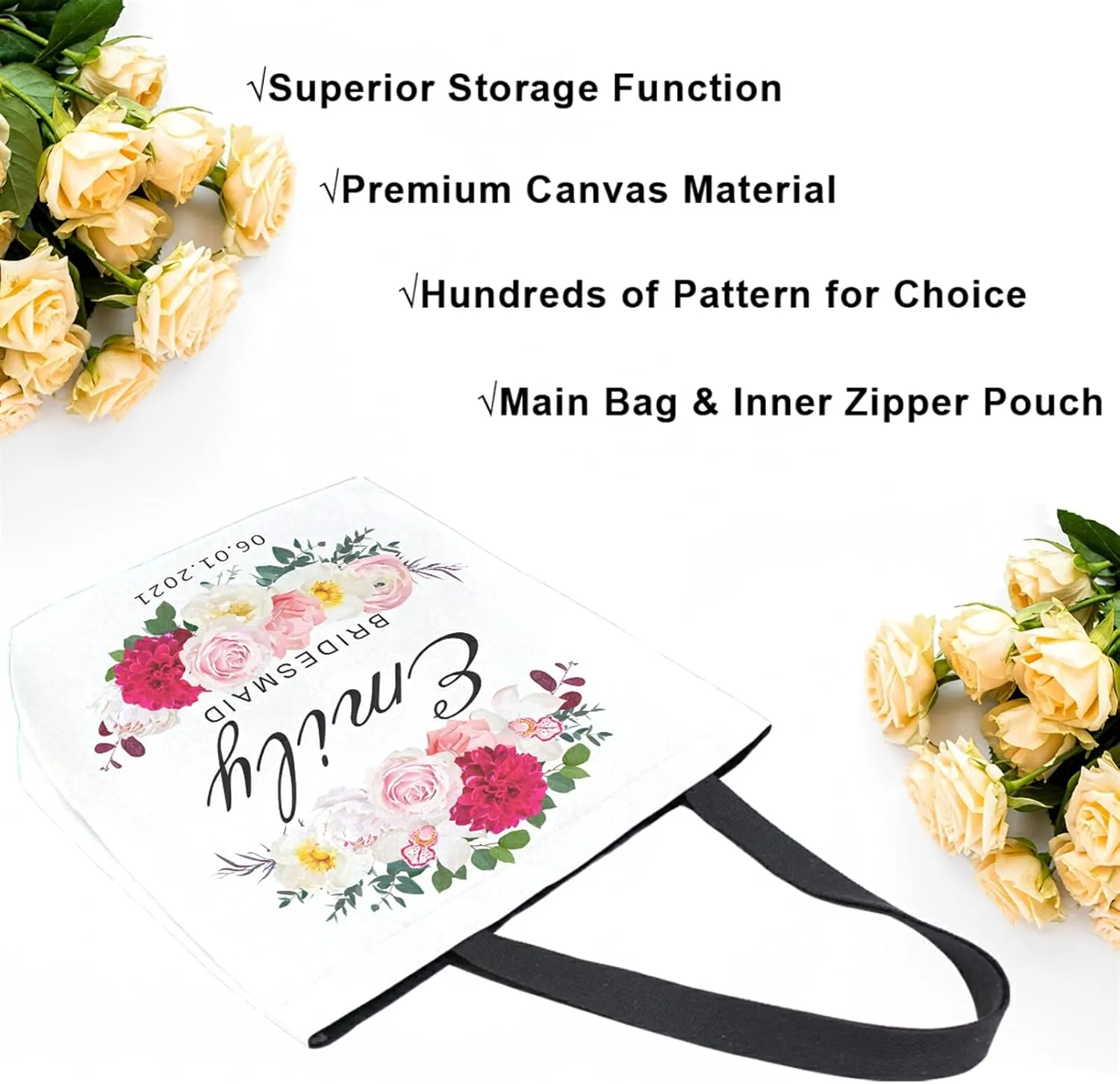 Naanle Personalized Floral Canvas Tote Bag Large Women Casual Shoulder Bag Custom Customized Handbag Watercolor Flowers Cotton Tote Bag Gift for Bridesmaid Bachelorette Party Wedding Events