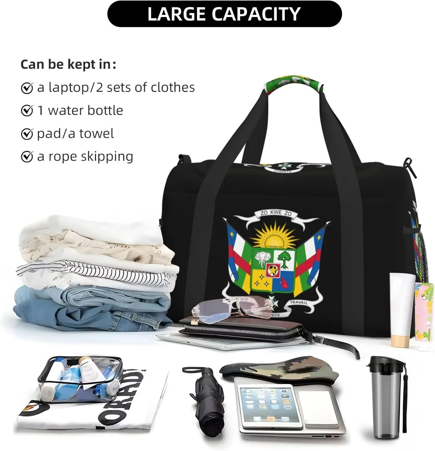 National Emblem Of Central African Travel Duffel Bag Large Foldable Waterproof Overnight Bag For Beach Swim Bags Pool Sports Gym