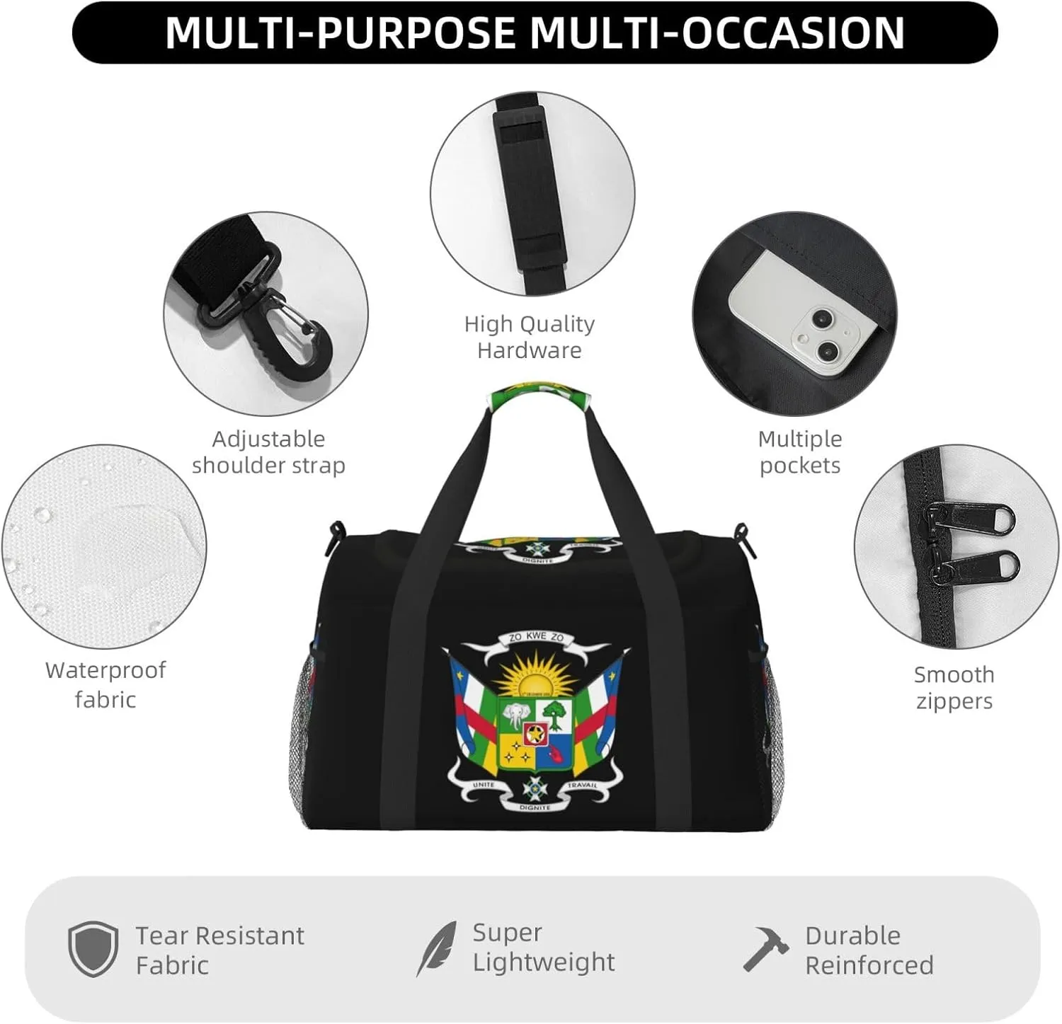 National Emblem Of Central African Travel Duffel Bag Large Foldable Waterproof Overnight Bag For Beach Swim Bags Pool Sports Gym
