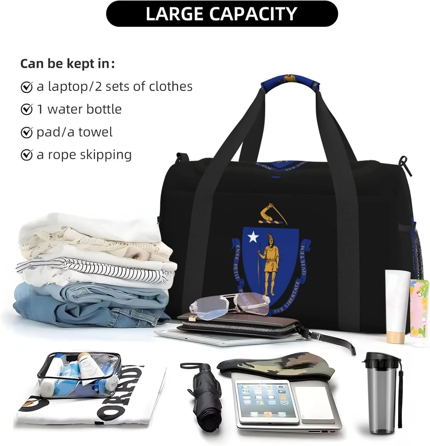 National Emblem Of Massachusetts Travel Duffel Bag Large Foldable Waterproof Overnight Bag For Beach Swim Bags Pool Sports Gym
