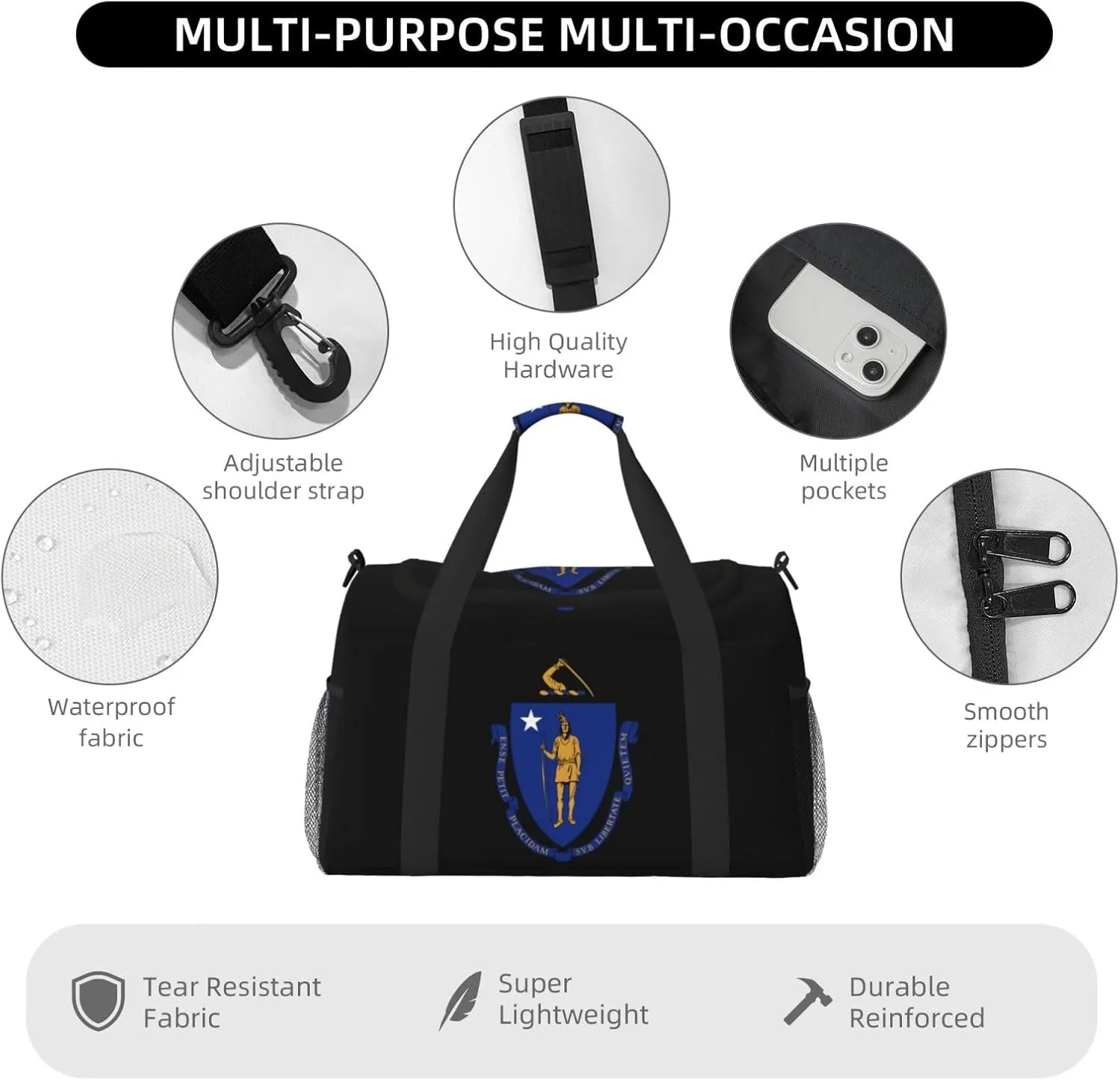 National Emblem Of Massachusetts Travel Duffel Bag Large Foldable Waterproof Overnight Bag For Beach Swim Bags Pool Sports Gym