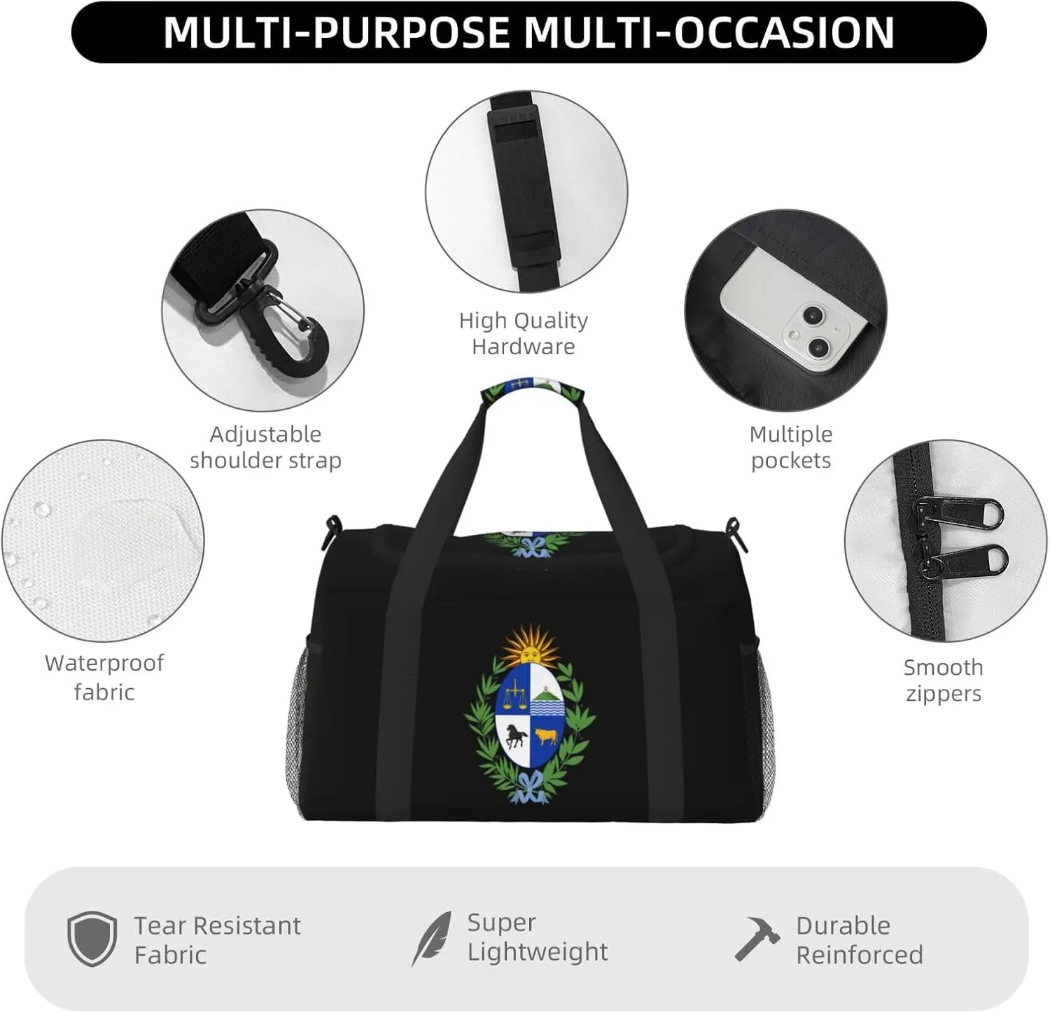 National Emblem Of Uruguay Travel Duffel Bag Large Foldable Waterproof Overnight Bag For Beach Swim Bags Pool Sports Gym