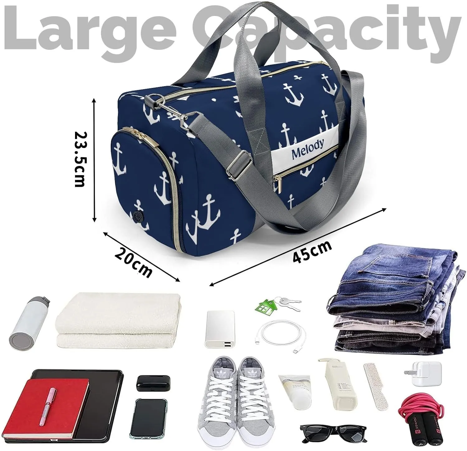 Nautical Anchor Personalized Duffel Bag,Custom Travel Gym Bag with Name,Waterproof Sports Overnight Bag with Shoe Compartment & Shoulder Strap