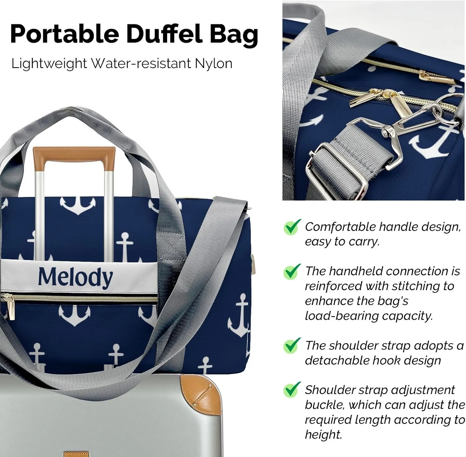 Nautical Anchor Personalized Duffel Bag,Custom Travel Gym Bag with Name,Waterproof Sports Overnight Bag with Shoe Compartment & Shoulder Strap
