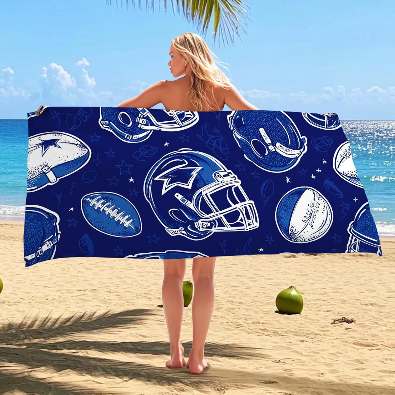Navy Blue Football Microfiber Beach Towel Retro Sport Design Quick Dry Absorbent Sand Free Lightweight Beach Blanket, Vacation Pool Picnic Essentials 62x31 Inch