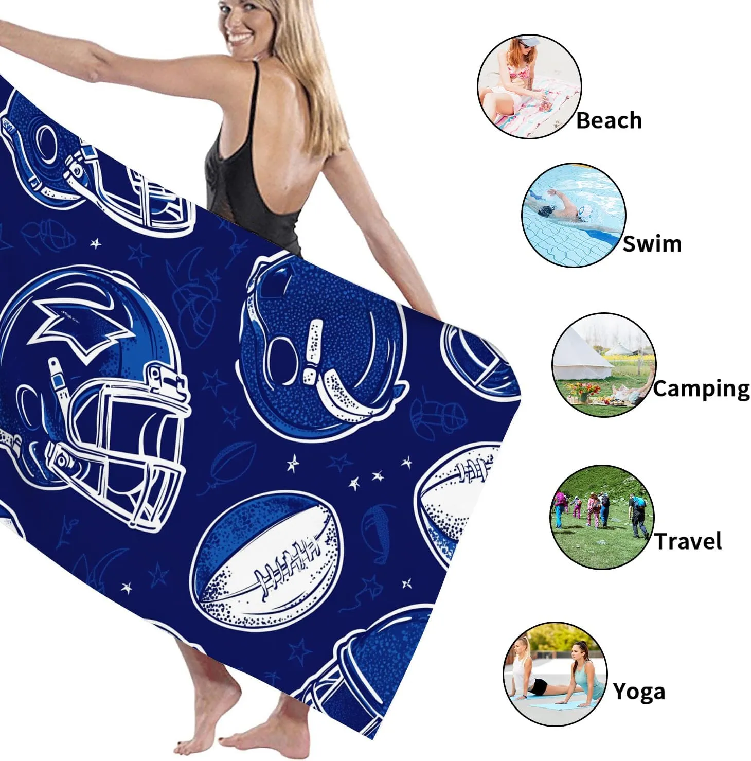 Navy Blue Football Microfiber Beach Towel Retro Sport Design Quick Dry Absorbent Sand Free Lightweight Beach Blanket, Vacation Pool Picnic Essentials 62x31 Inch