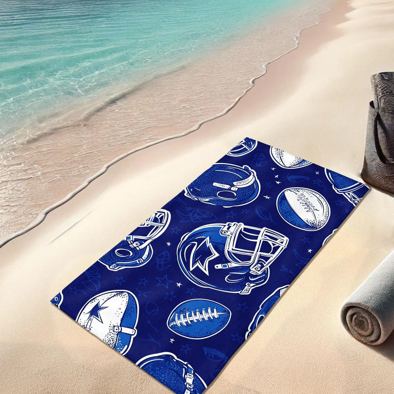 Navy Blue Football Microfiber Beach Towel Retro Sport Design Quick Dry Absorbent Sand Free Lightweight Beach Blanket, Vacation Pool Picnic Essentials 62x31 Inch