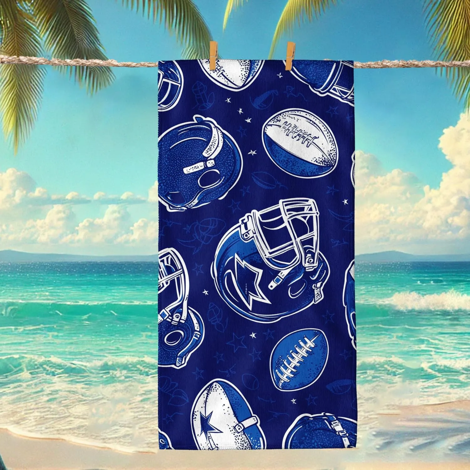 Navy Blue Football Microfiber Beach Towel Retro Sport Design Quick Dry Absorbent Sand Free Lightweight Beach Blanket, Vacation Pool Picnic Essentials 62x31 Inch