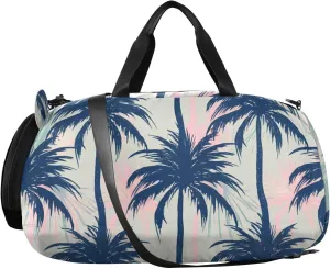 Navy Palm Pastel Pink Kids Overnight Duffle Bag,Gymnastics Sports Dance Bag with Shoe Compartment & Wet Pocket, Travel Weekender Tote for Boys & Girls