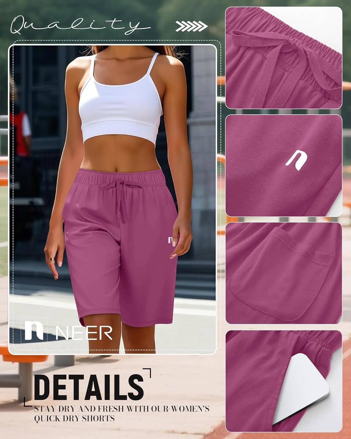 Neer 3 Pack Women's Quick Dry Shorts Women Drawstring High Waisted Bermuda Athletic Shorts with Pockets