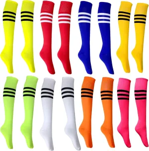 Neon Knee High Socks, 8 Pairs Striped Tube Sock Athletic Baseball Basketball Dance Neon Colored Soccer Socks for Adult Girls Women Youth, 8 Colors/Set