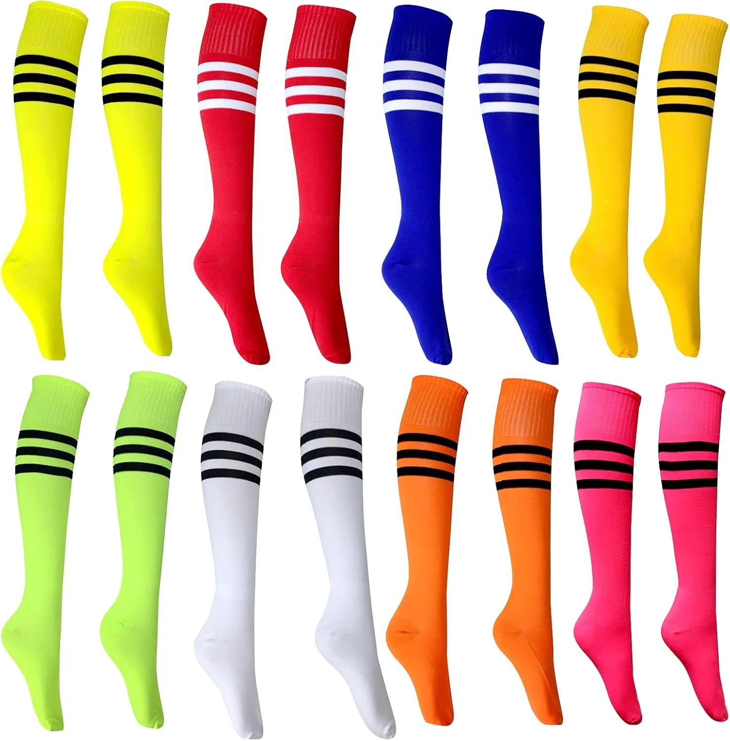 Neon Knee High Socks, 8 Pairs Striped Tube Sock Athletic Baseball Basketball Dance Neon Colored Soccer Socks for Adult Girls Women Youth, 8 Colors/Set
