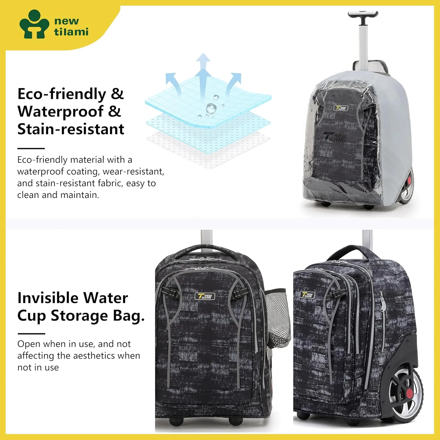 NEW TILAMI 20" Rolling Backpack for Teens Adults, Climbing Stairs Waterproof Backpack with Wheels for School Business Trave Camping with Laptop Compartment, Fit 17 Inch Laptop, Grey Mosaic
