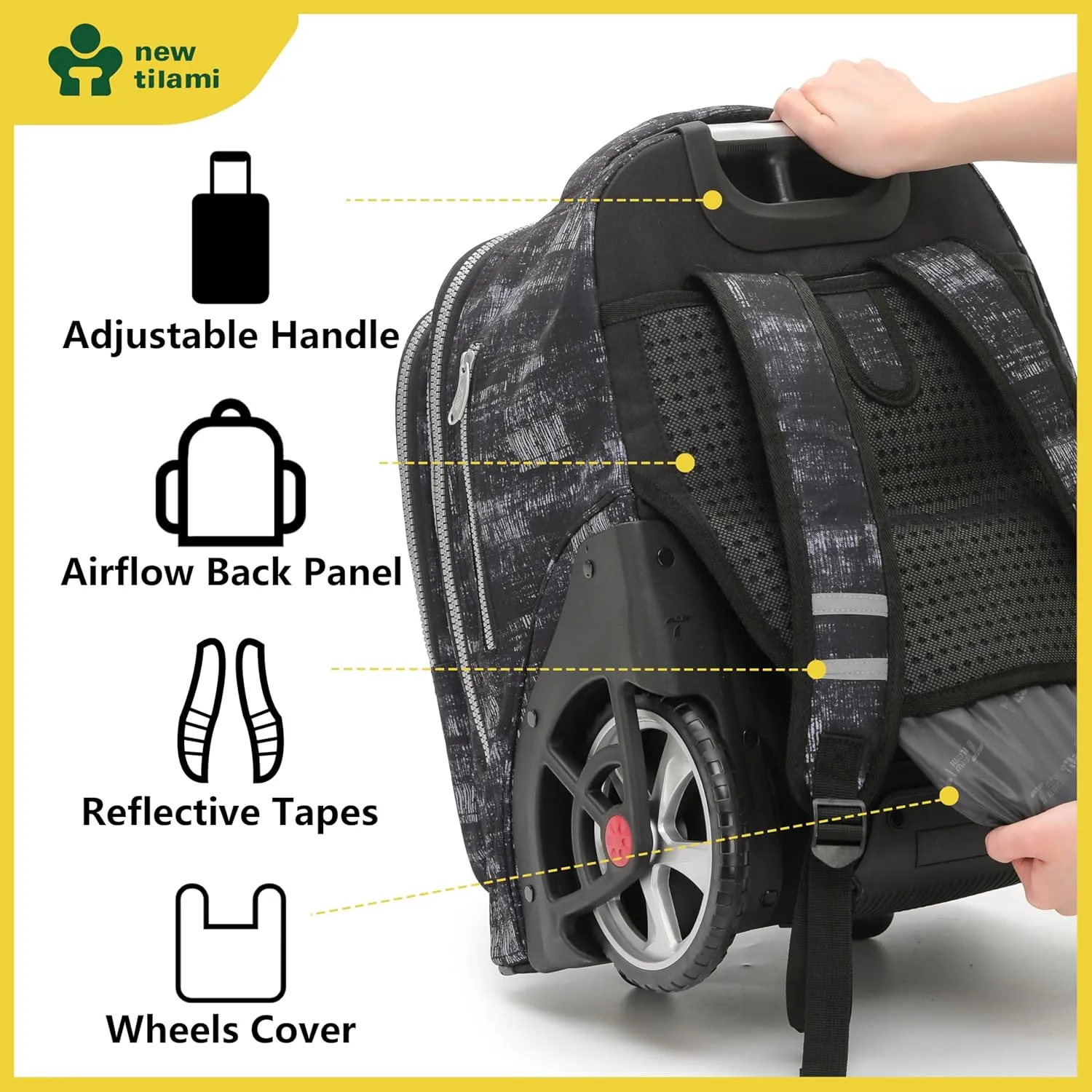 NEW TILAMI 20" Rolling Backpack for Teens Adults, Climbing Stairs Waterproof Backpack with Wheels for School Business Trave Camping with Laptop Compartment, Fit 17 Inch Laptop, Grey Mosaic