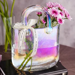 NiHome Iridescent Glass Purse Vase, Glass Handbag Vase for Flowers, Wide Mouth Glass Vase for Home Décor, Weddings, Birthdays, Durable Thickened Handle & Silk Ribbon Bow, Versatile Use as Fishbowl
