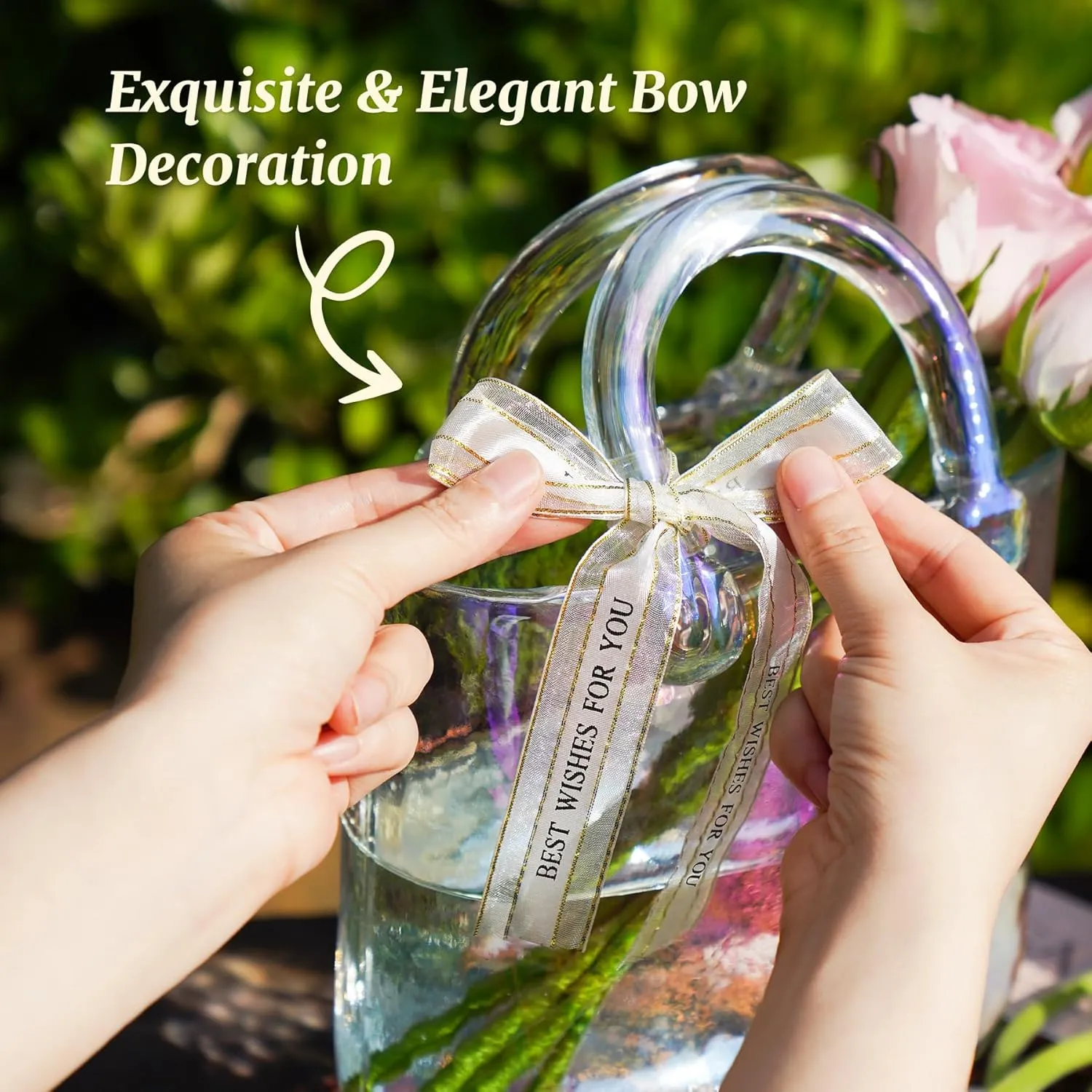 NiHome Iridescent Glass Purse Vase, Glass Handbag Vase for Flowers, Wide Mouth Glass Vase for Home Décor, Weddings, Birthdays, Durable Thickened Handle & Silk Ribbon Bow, Versatile Use as Fishbowl