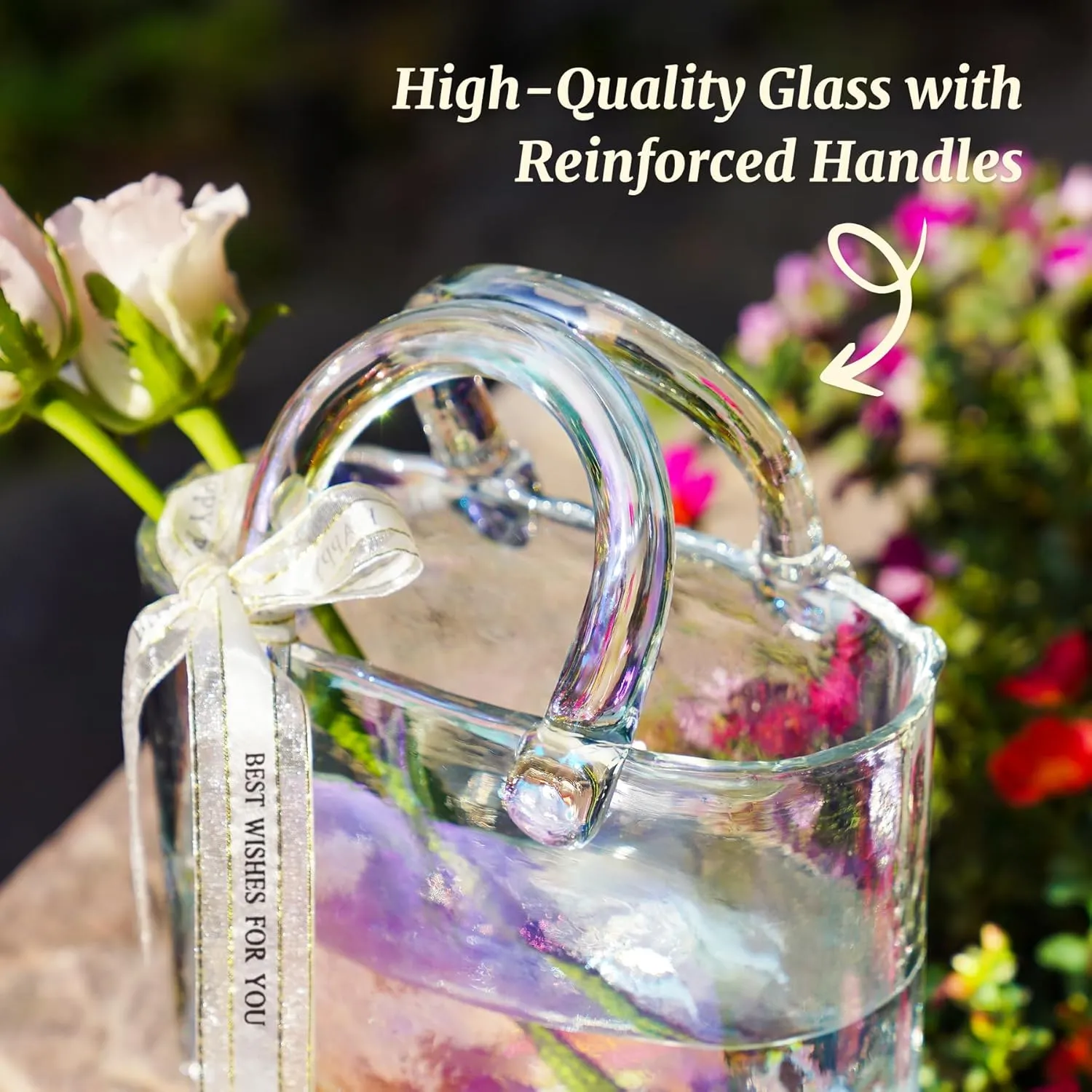 NiHome Iridescent Glass Purse Vase, Glass Handbag Vase for Flowers, Wide Mouth Glass Vase for Home Décor, Weddings, Birthdays, Durable Thickened Handle & Silk Ribbon Bow, Versatile Use as Fishbowl
