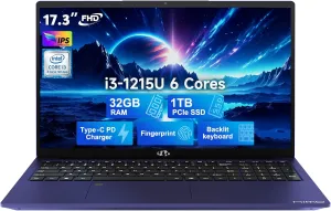 NIMO 17.3" IPS FHD-Business-Laptop, Intel 6 Core i3-1215U 32GB RAM 1TB SSD (Beat i5-1135G7, Up to 4.4GHz) Laptop-Computer with Fingerprint Backlit Keyboard 65W Type C Wi-Fi 6 Numpad Win 11
