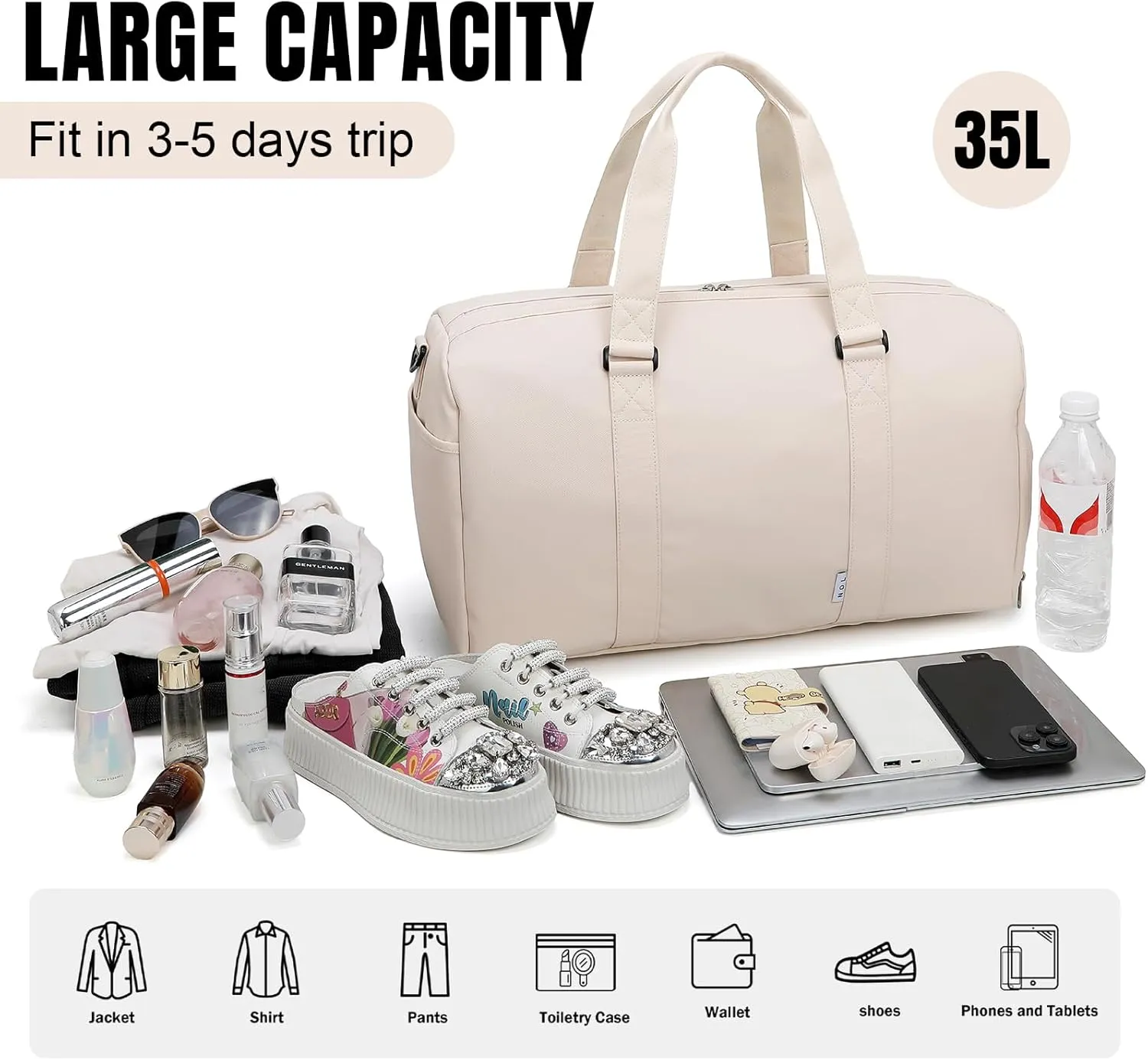 NOL Waterproof Gym Duffle Bag for Men & Women with Shoe & Wet Compartments, Multiple Pockets | Adjustable Shoulder Strap for Sports, Travel, Fitness, Workout & Hospital Use, Cream