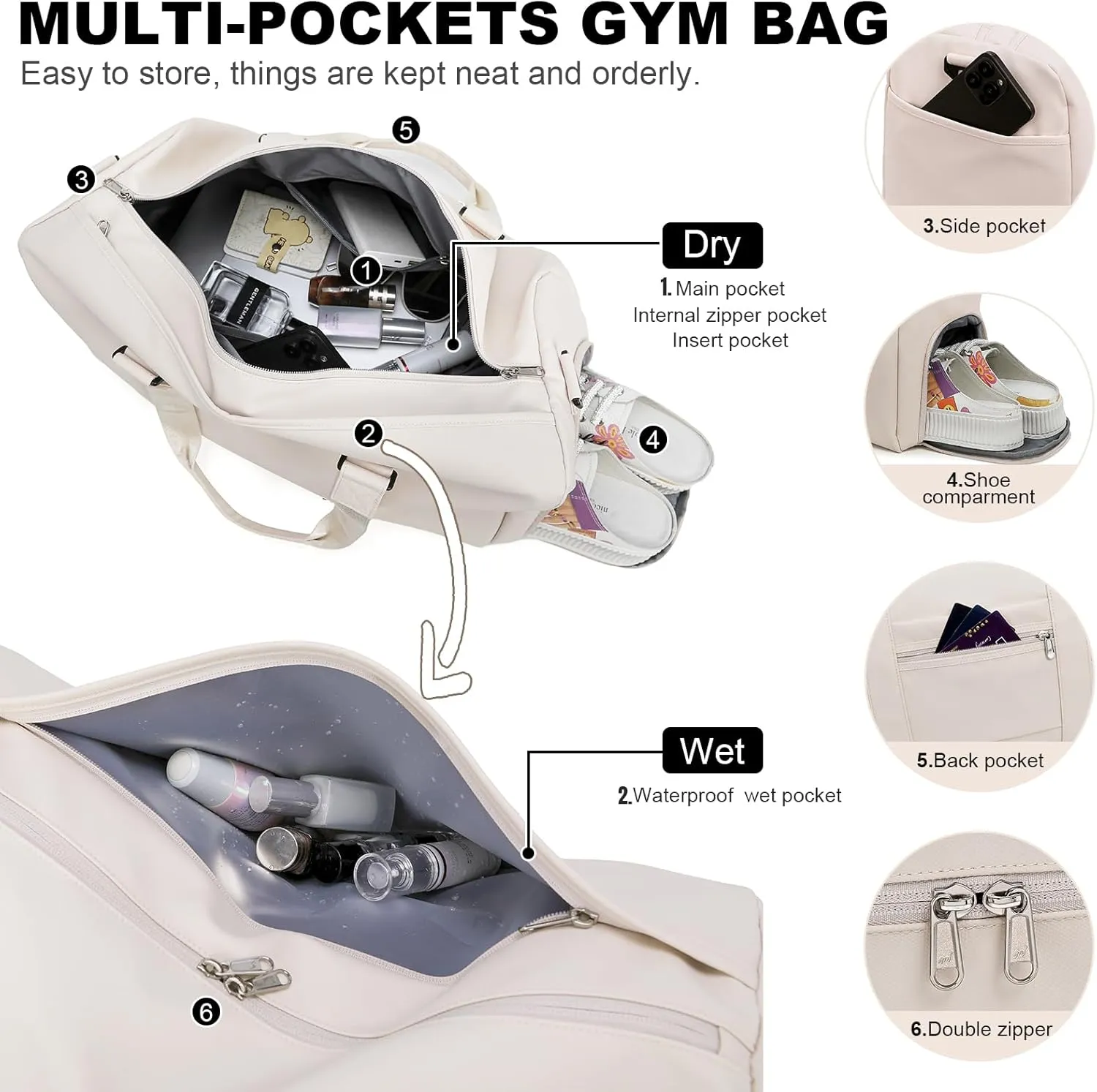 NOL Waterproof Gym Duffle Bag for Men & Women with Shoe & Wet Compartments, Multiple Pockets | Adjustable Shoulder Strap for Sports, Travel, Fitness, Workout & Hospital Use, Cream