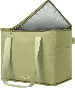 Nook Theory Reusable Insulated Grocery Bag - Leak Proof, X Large Insulated Cooler Bag - Insulated Shopping Bags for Groceries - Travel Cooler Bag for Frozen and Hot Food with Zippered Top (Full Sage)