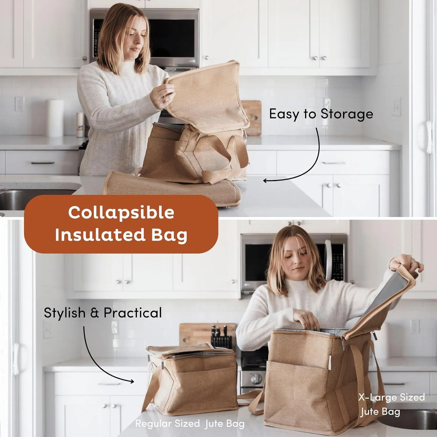 Nook Theory Reusable Insulated Grocery Bag - Leak Proof, X Large Insulated Cooler Bag - Insulated Shopping Bags for Groceries - Travel Cooler Bag for Frozen and Hot Food with Zippered Top (Full Sage)