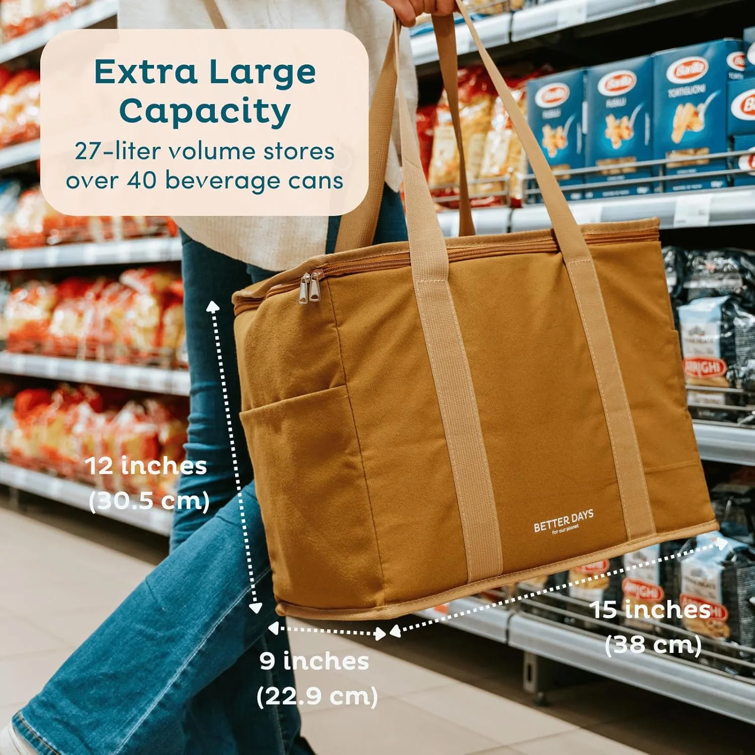 Nook Theory Reusable Insulated Grocery Bag - Leak Proof, X Large Insulated Cooler Bag - Insulated Shopping Bags for Groceries - Travel Cooler Bag for Frozen and Hot Food with Zippered Top (Full Sage)