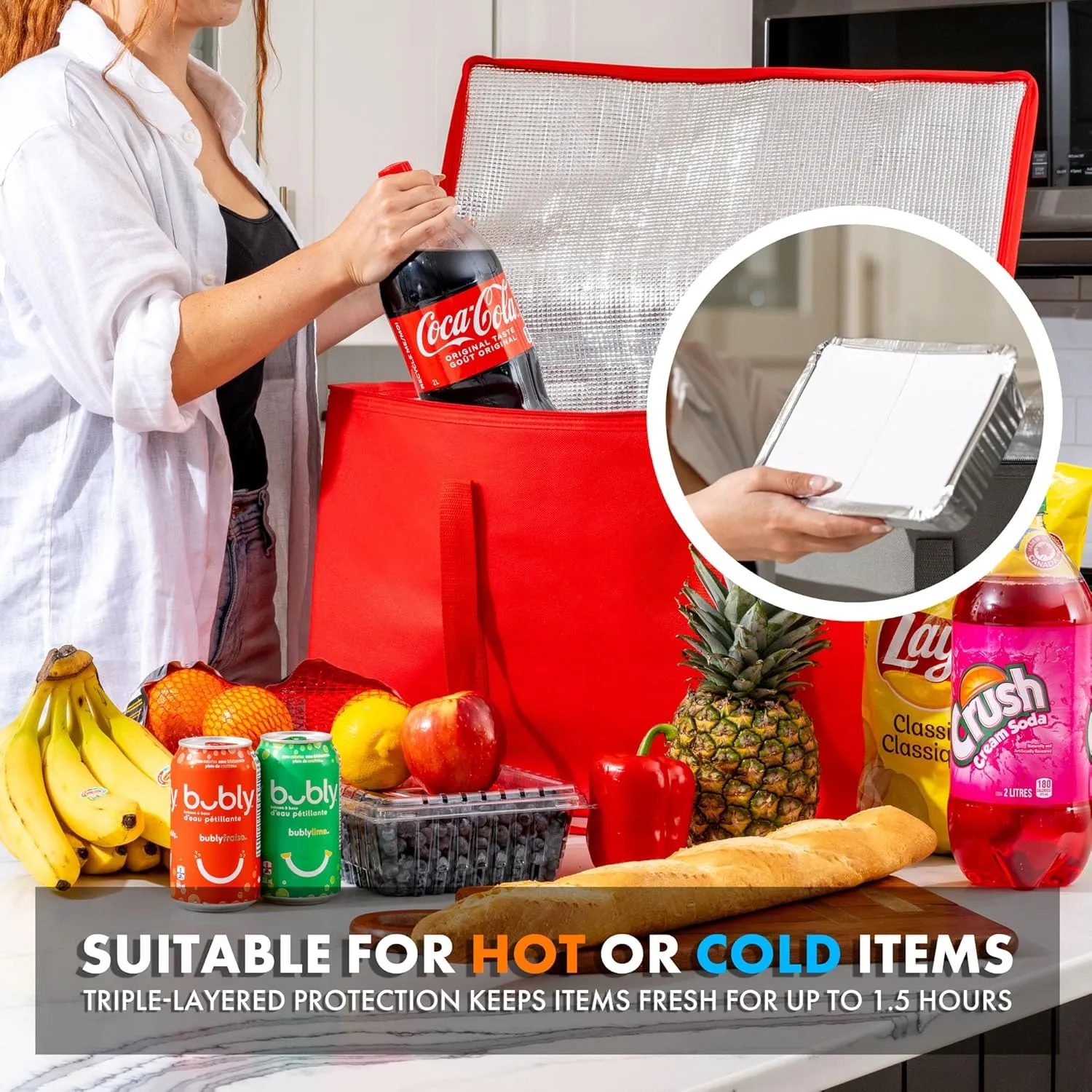 (Not Made In China) Insulated Grocery Bags w/Zippered Top, Reusable Shopping Bags, Catering and Delivery Bag For Hot and Cold Food, Collapsible Thermal Tote For Doordash and Uber Eats
