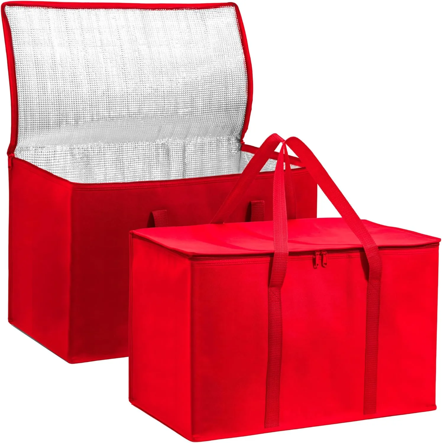 (Not Made In China) Insulated Grocery Bags w/Zippered Top, Reusable Shopping Bags, Catering and Delivery Bag For Hot and Cold Food, Collapsible Thermal Tote For Doordash and Uber Eats