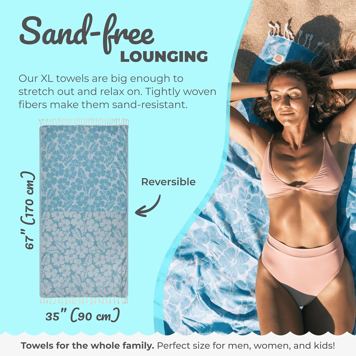 Nova Blue Hibiscus Turkish Beach Towel (35 X 67) - Oversize Sandproof, 100% Turkish Cotton, Quick Drying With Unique Designs