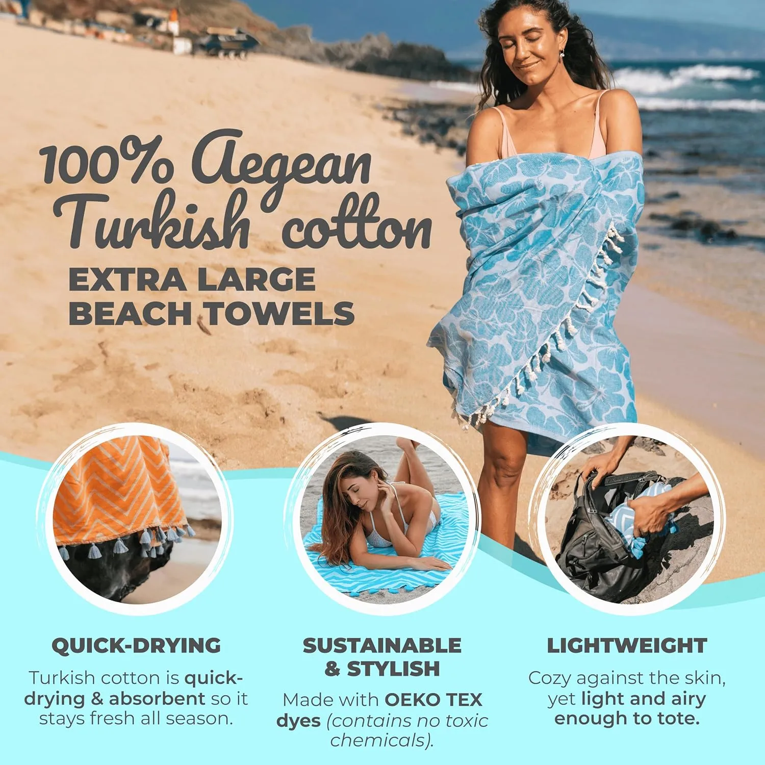 Nova Blue Hibiscus Turkish Beach Towel (35 X 67) - Oversize Sandproof, 100% Turkish Cotton, Quick Drying With Unique Designs