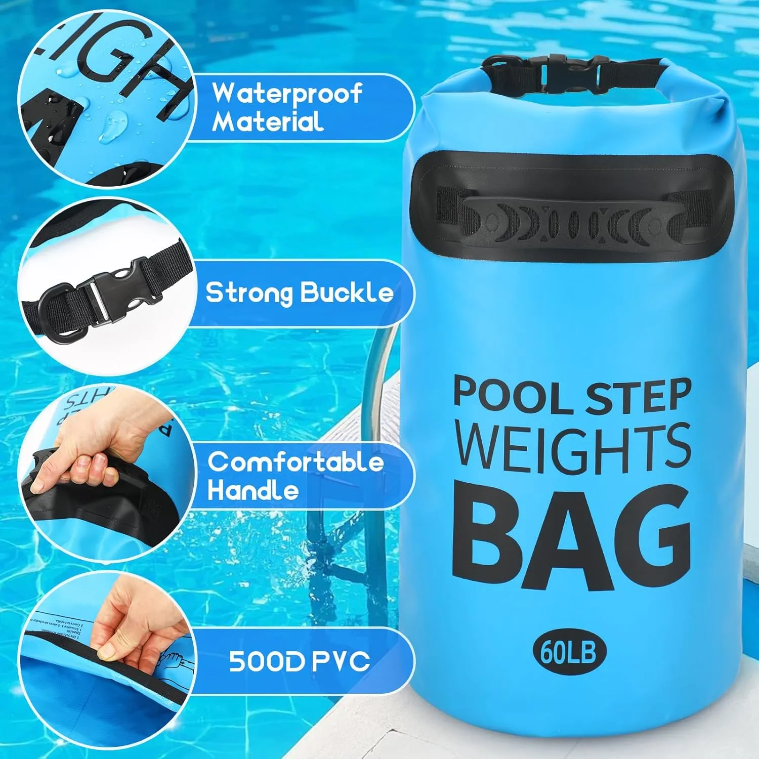 NOVWANG Heavy Duty Pool Step Weights, 60 LB Quick Fill Swimming Pool Ladder Weights 500D PVC Sand Fillable Bags with Tough Handle No Breaken Universal Step Anchors for Above Ground Pool Stairs