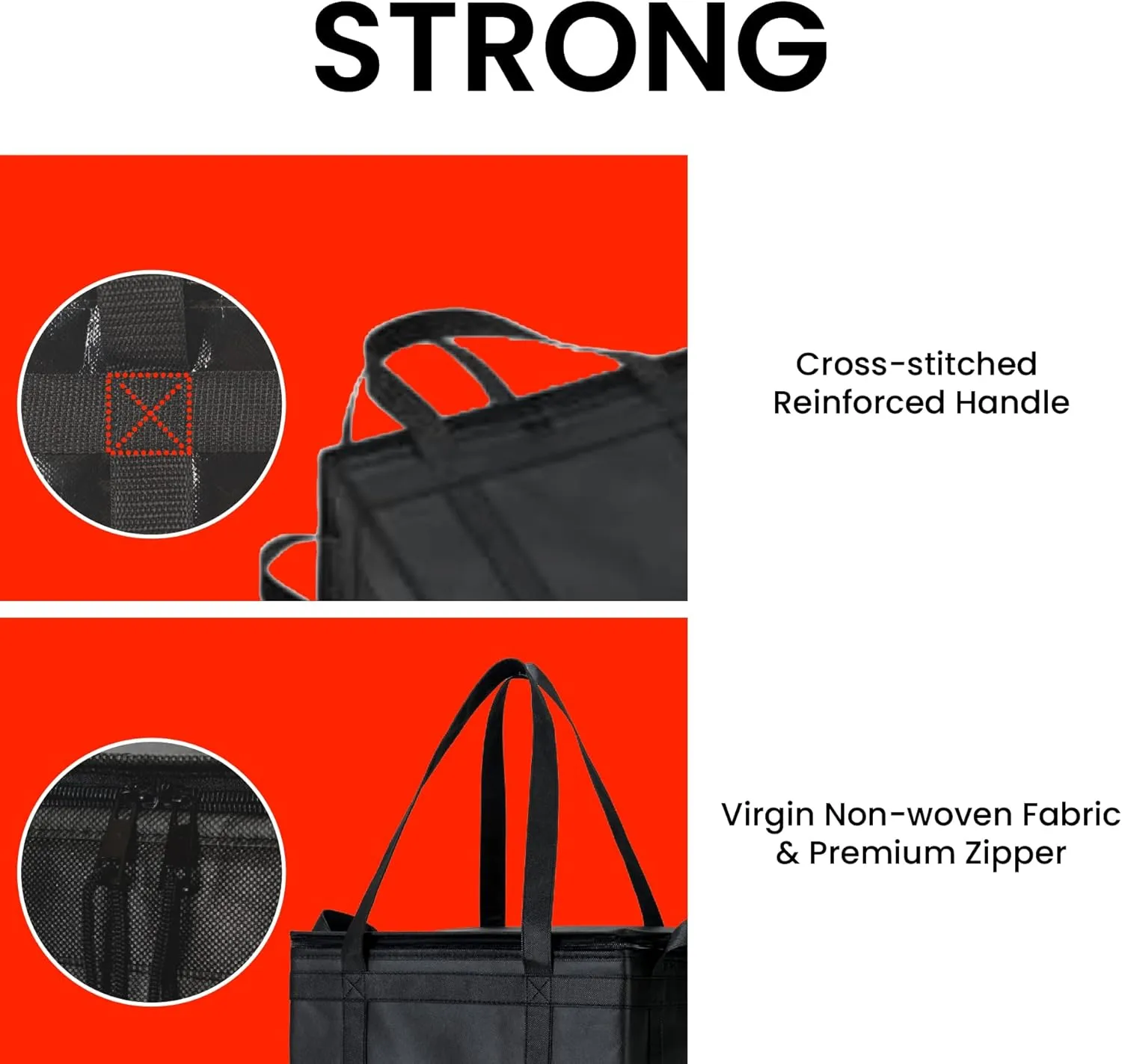 NZ Home Insulated Cooler Bag and Food Warmer (Large, 2 pack) for Food Delivery & Grocery Shopping with Zippered Top, Black