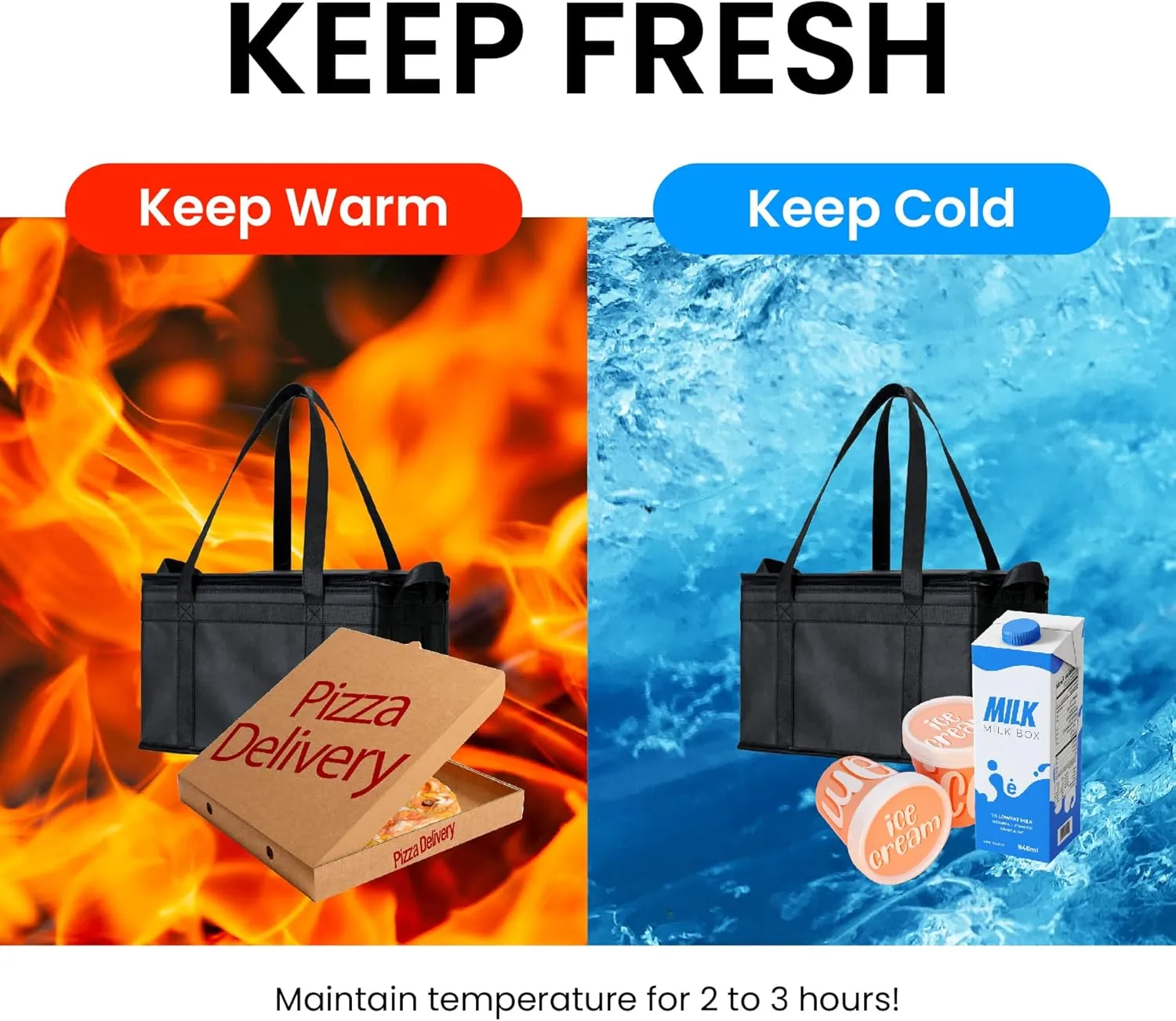 NZ Home Insulated Cooler Bag and Food Warmer (Large, 2 pack) for Food Delivery & Grocery Shopping with Zippered Top, Black