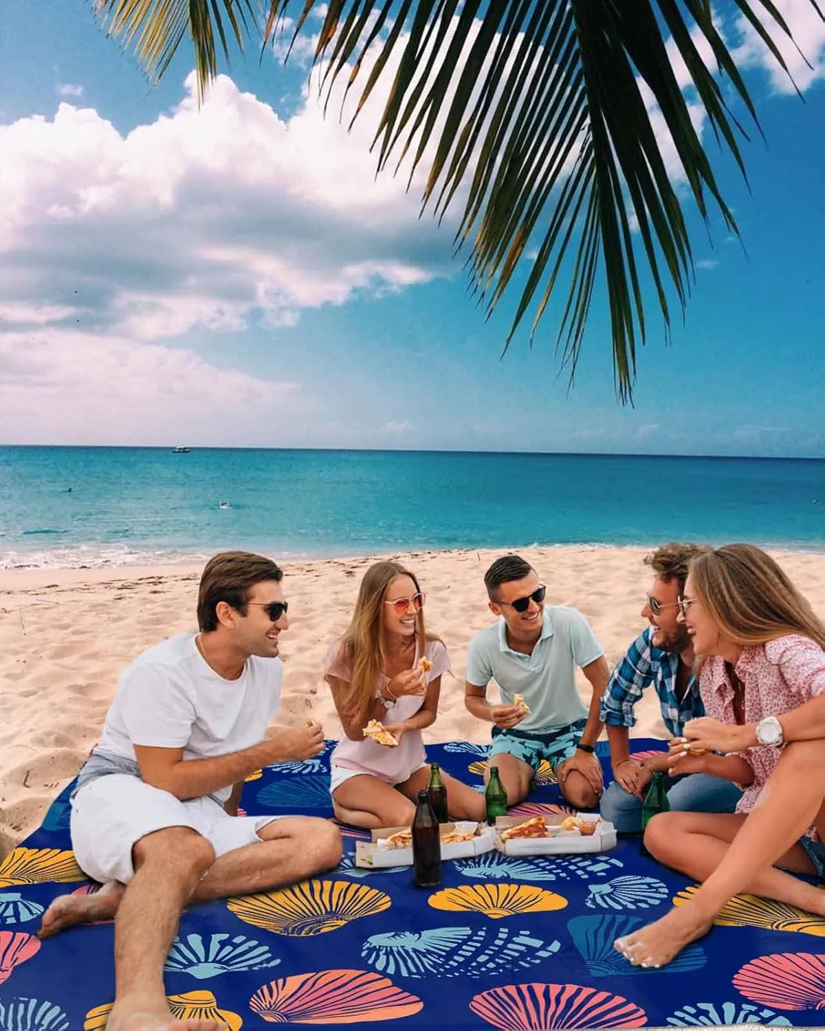 Ocean Beach Blanket Waterproof Sandproof 108"x84", Summer Shell Dark Blue Oversized Beach Mat with 4 Corner Sand Pocket & 4 Stakes, Compact Outdoor Picnic Mat for Camping Travel Festivals