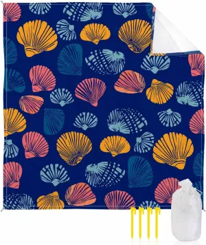 Ocean Beach Blanket Waterproof Sandproof 108"x84", Summer Shell Dark Blue Oversized Beach Mat with 4 Corner Sand Pocket & 4 Stakes, Compact Outdoor Picnic Mat for Camping Travel Festivals