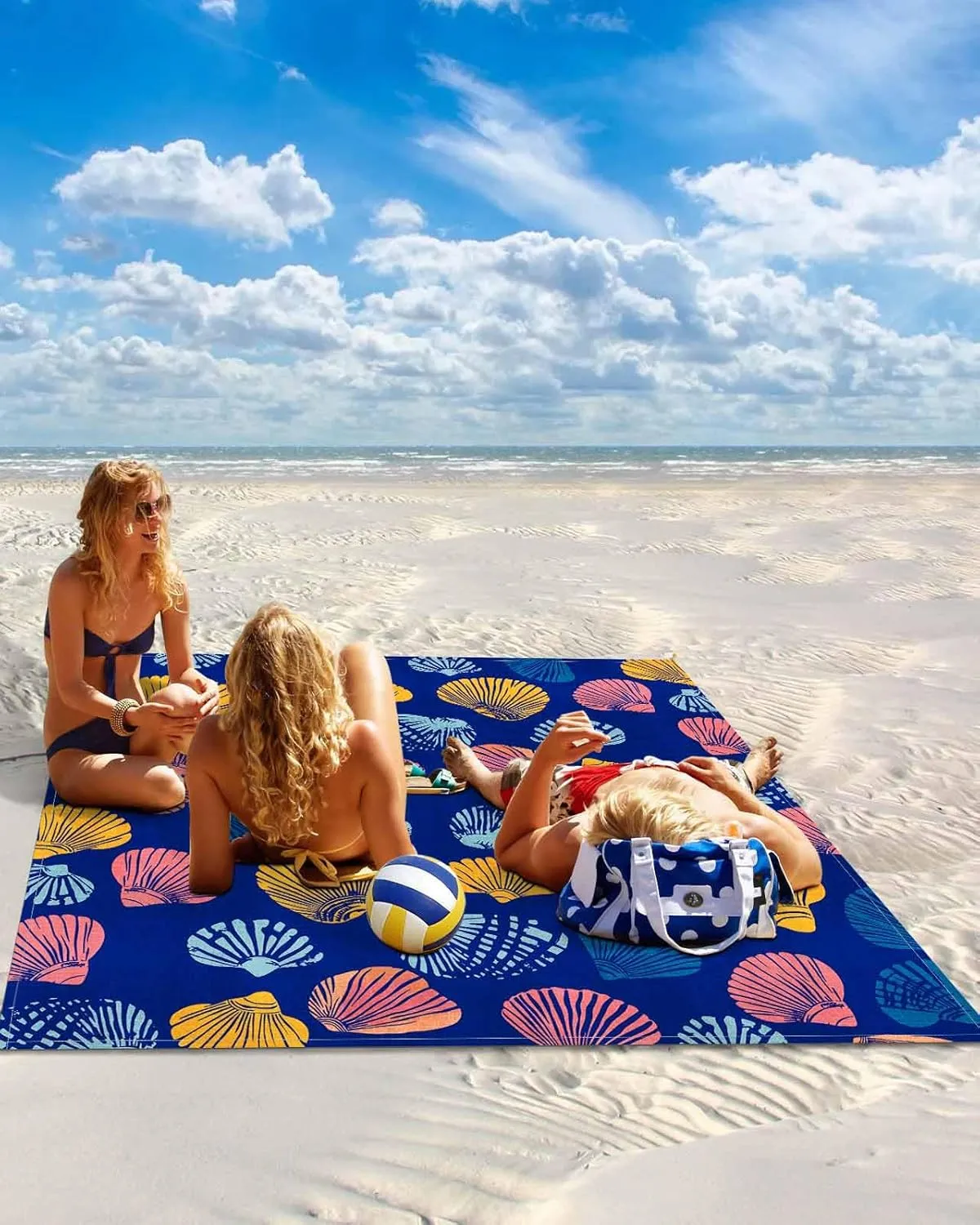 Ocean Beach Blanket Waterproof Sandproof 108"x84", Summer Shell Dark Blue Oversized Beach Mat with 4 Corner Sand Pocket & 4 Stakes, Compact Outdoor Picnic Mat for Camping Travel Festivals